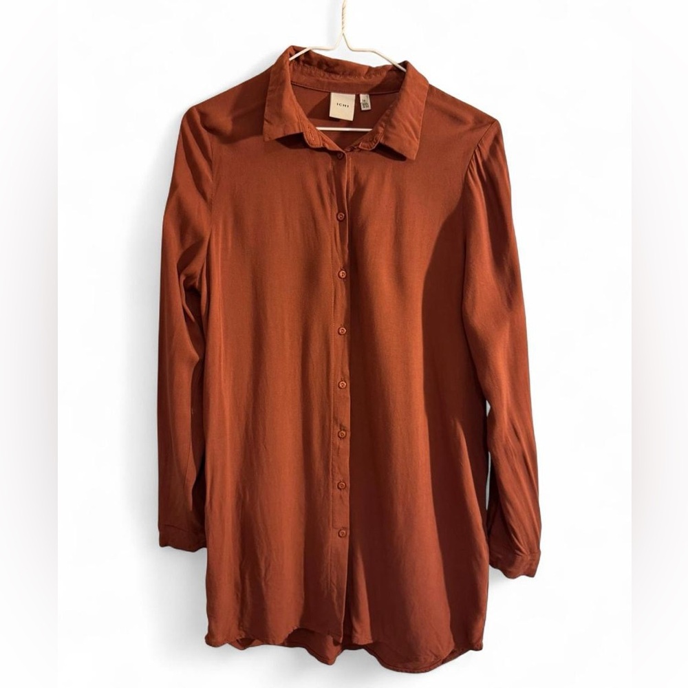 🍂 ICHI IHMAIN SH2 Rust Brown Button-Up Tunic Shirt - Size 34